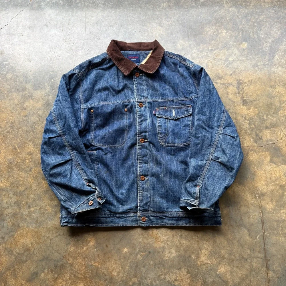 Tommy Jeans Mens Vintage Denim Chore Jacket Corduroy Collar Quilted Lined Blue L